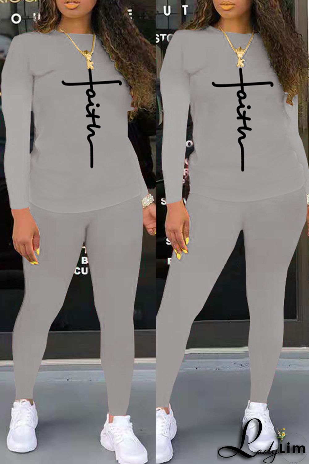 Grey Fashion Casual Print Basic O Neck Long Sleeve Two Pieces