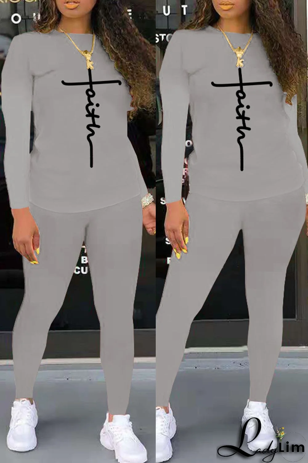 Grey Fashion Casual Print Basic O Neck Long Sleeve Two Pieces