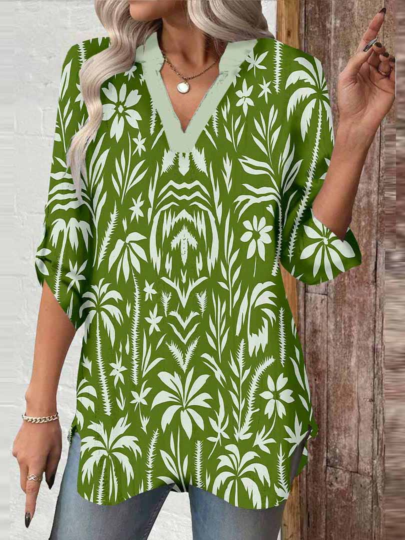 Women Leaves, Green, Tropical DZGA0186 3/4 Sleeve V-neck Printed Graphic Button Tops