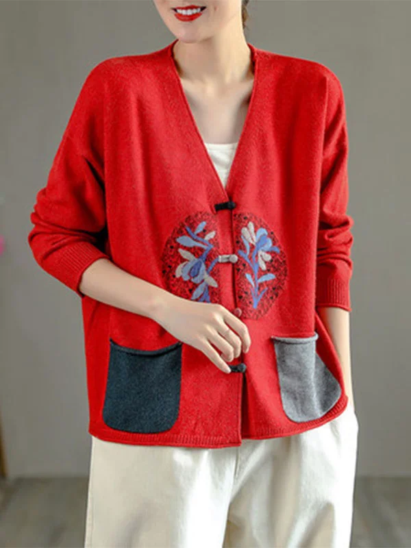 Retro Embroidered Buckle V-Neck Sweater - yankia