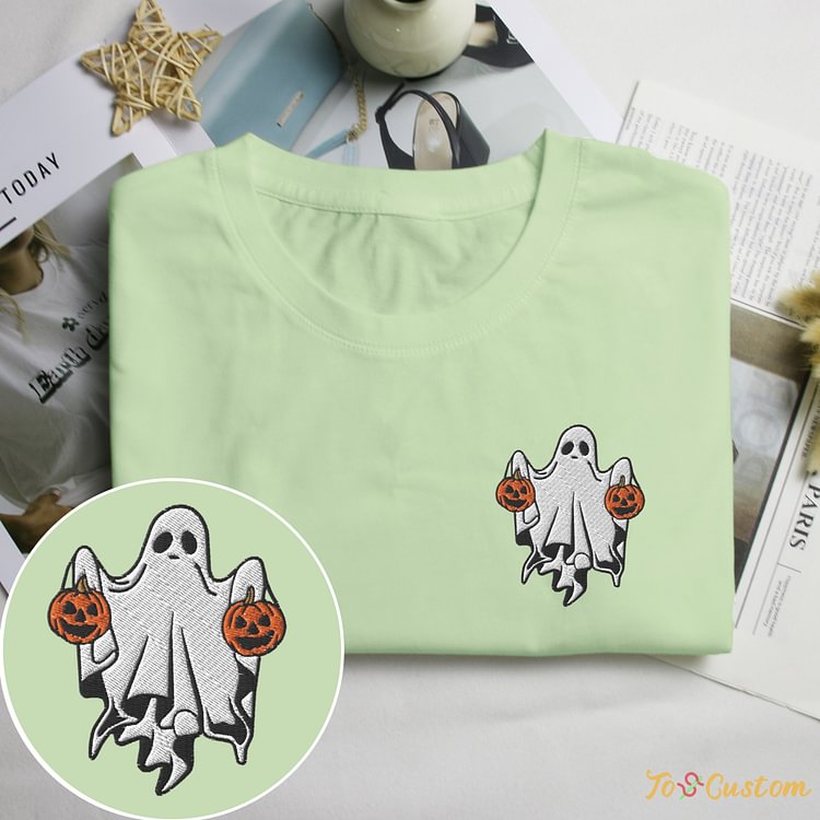 TOSCUSTOM™ Embroidery Ghost And Pumpkin Vintage Pumpkin Spooky Season Tee