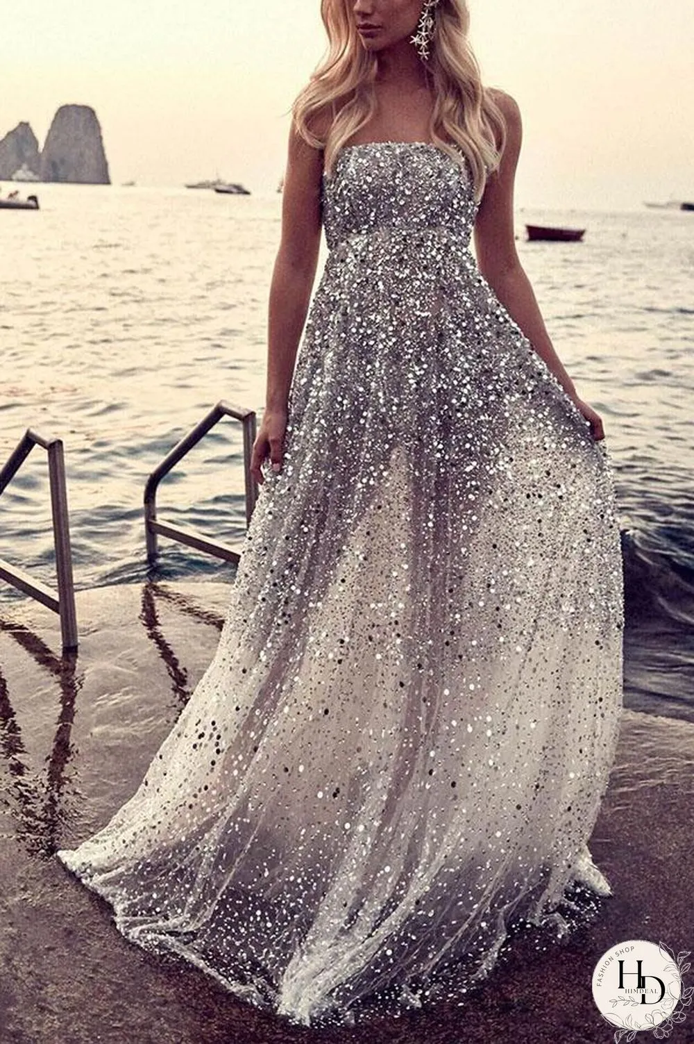 Sexy Wrapped Chest Open Back Bronzing Banquet Dress P14706