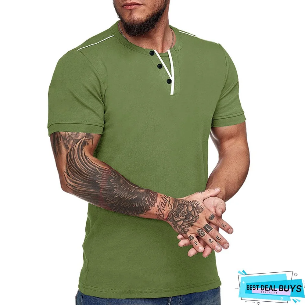 Men's Short Sleeve T-Shirt V-Neck Henry T-Shirt Men's Wear