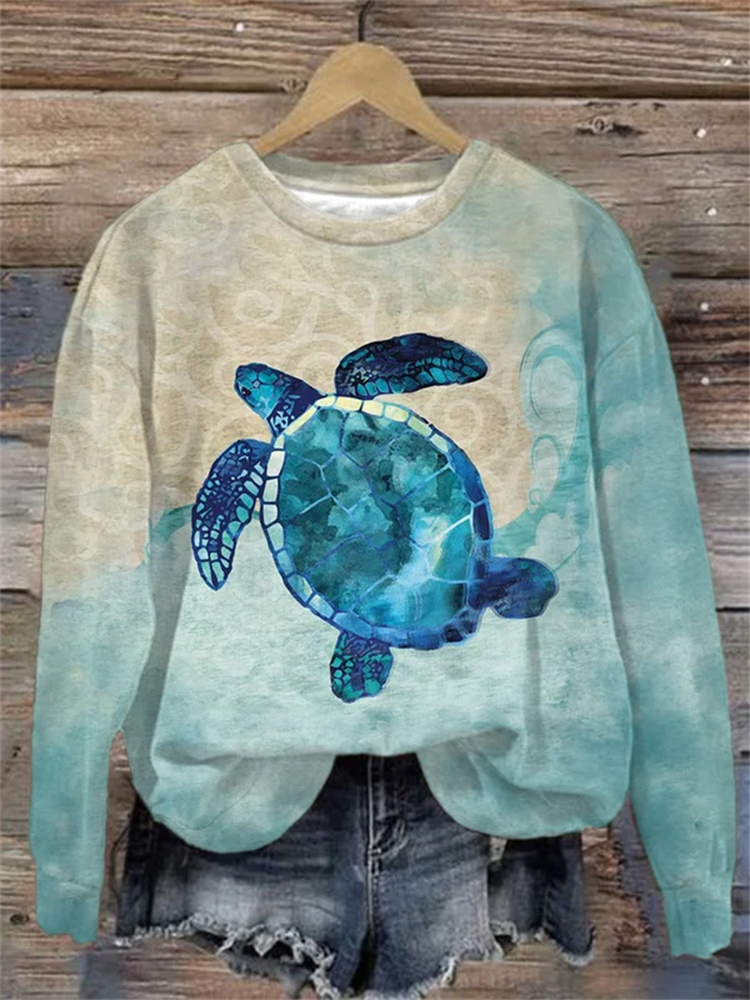 Women's Casual Turtle Print Long Sleeve Sweatshirt