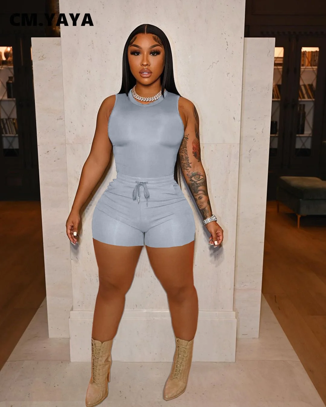 CM.YAYA Active Street Women 2pcs Set Tank Tops and Shorts Set 2022 Summer Sport Casual Sweatsuit Tracksuit Two Piece Set Outfits