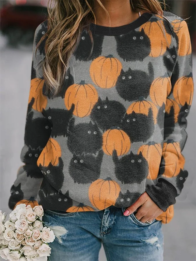 Pumpkin And Black Cat Printed Women's Sweatshirt