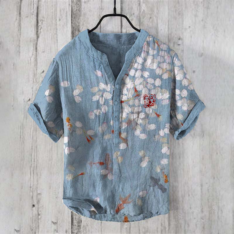 menweary Vintage Japanese Fish Art Linen Blend Shirt