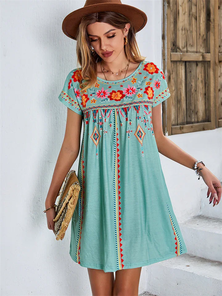 Casual Vacation Dress Loose Short Dress Printed Short Sleeve Dress Green Black S M L XL