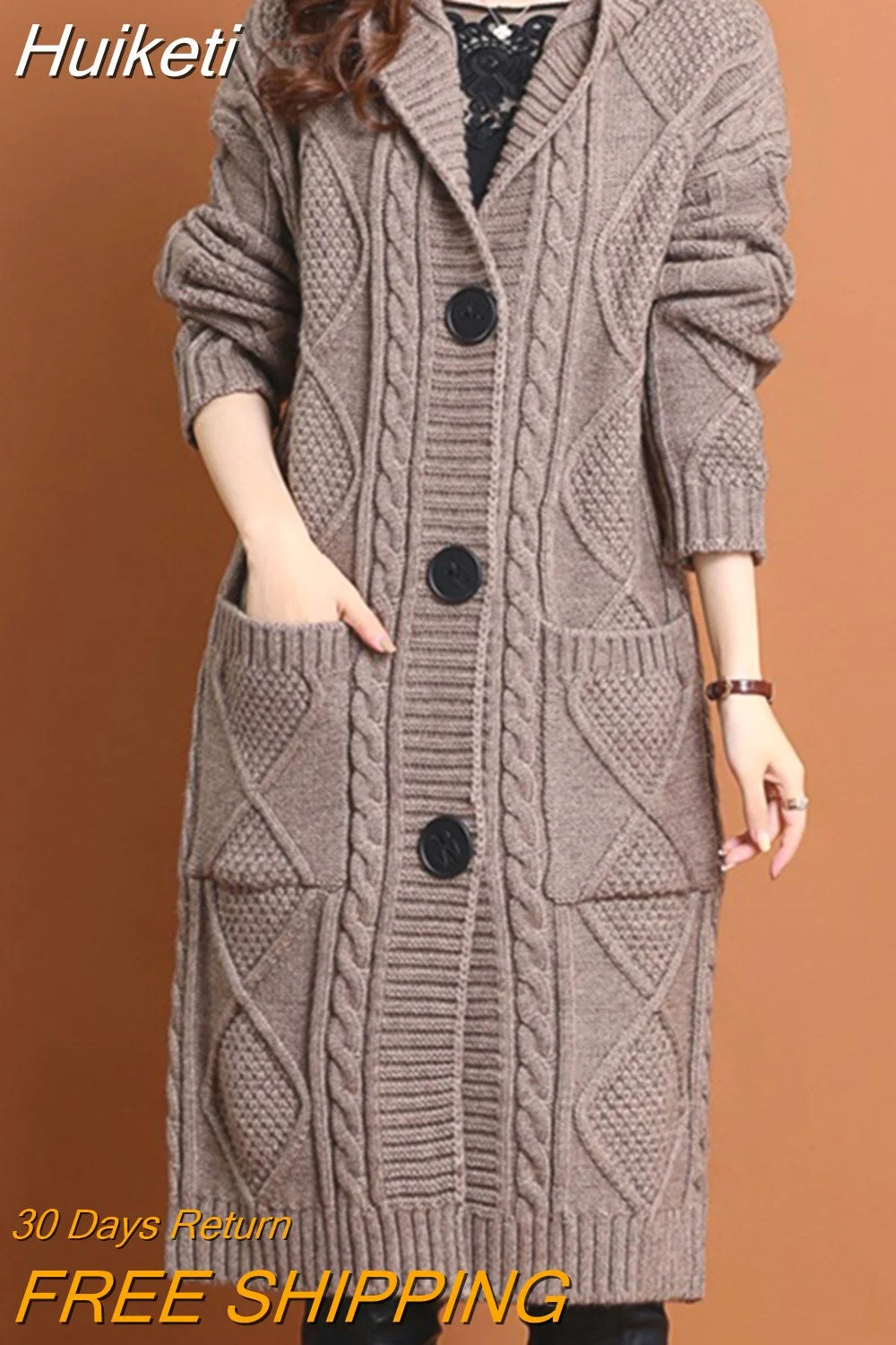 Huiketi Sweater Cardigan Long Coats Womens Fall Winter Loose Thick Warm Knit Jackets Casual Single Breasted Knitwear Casaco New