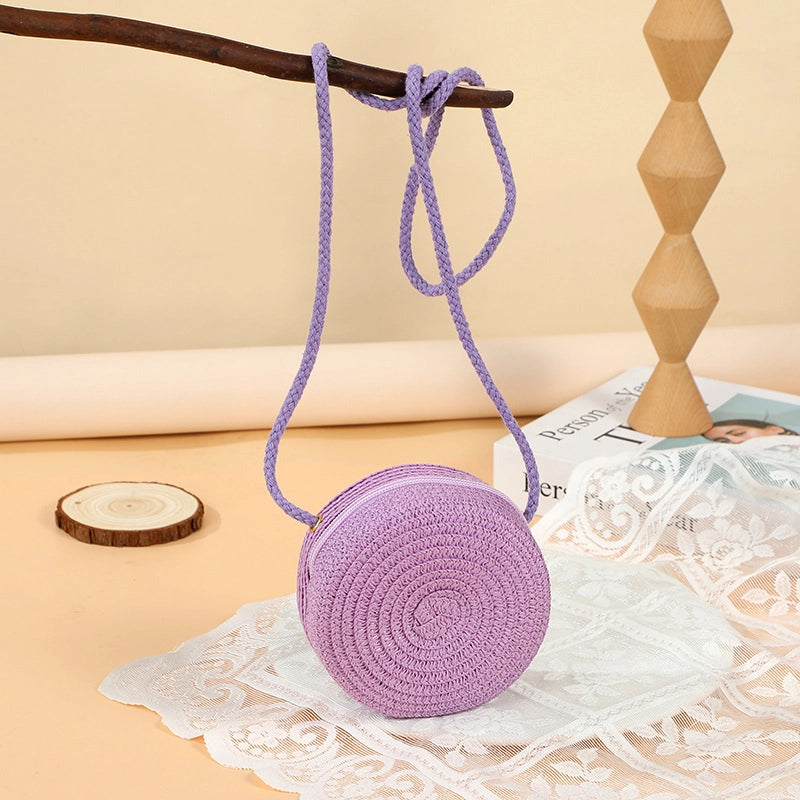 Girl’S Straw Solid Color Cute Round Zipper Shoulder Bag