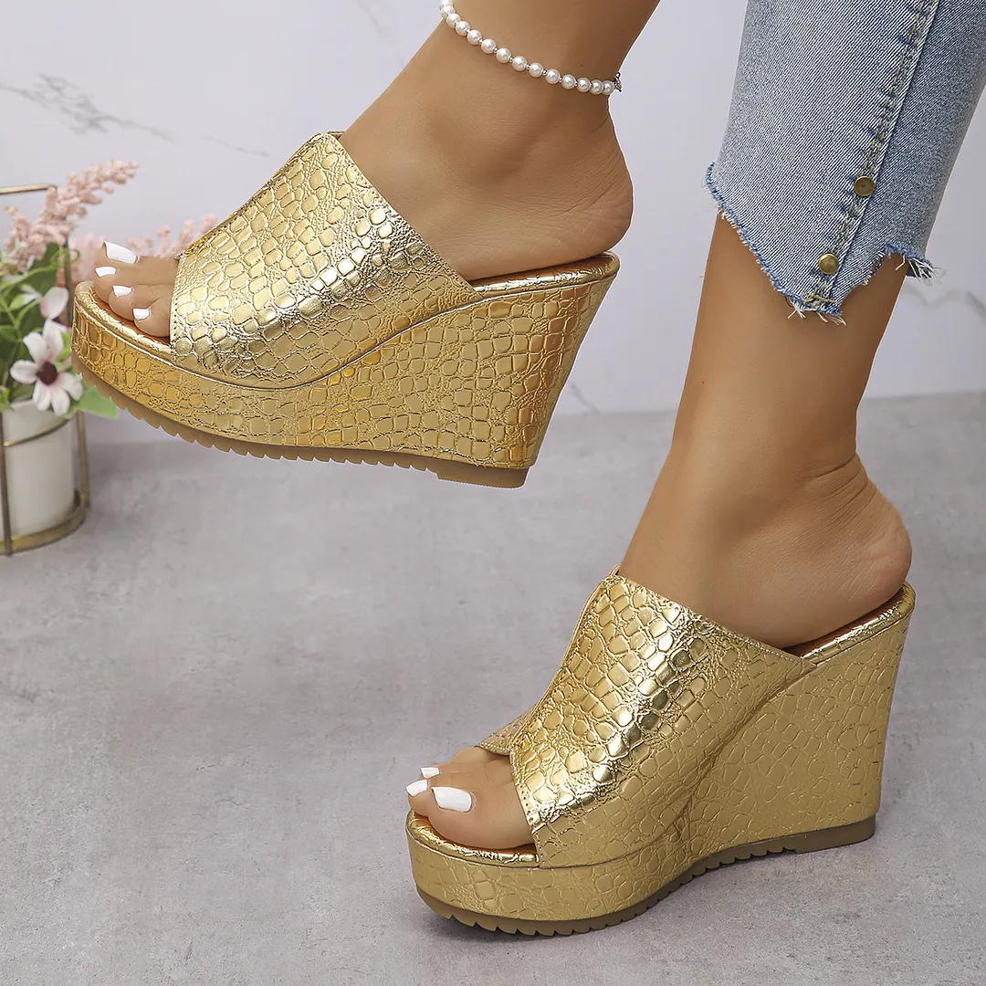 Breakj Breakj Summer New Golden Fish Mouth Toe-Word Fashion Large-Size Slope And Cold Slippers