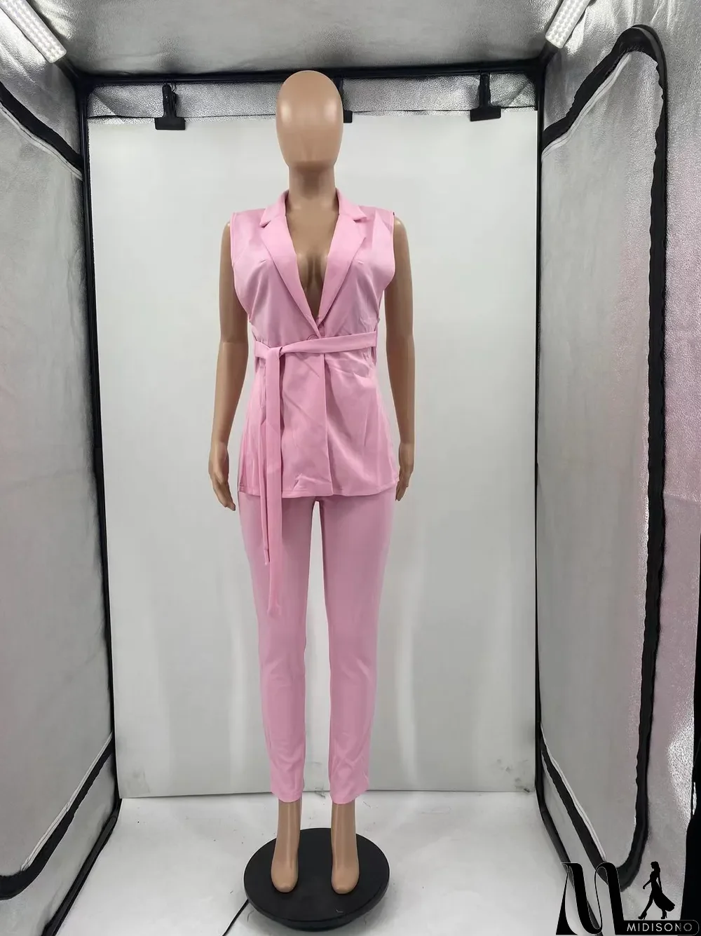 MidiSono - Solid Sleeveless Split Blazer Two Piece Sets