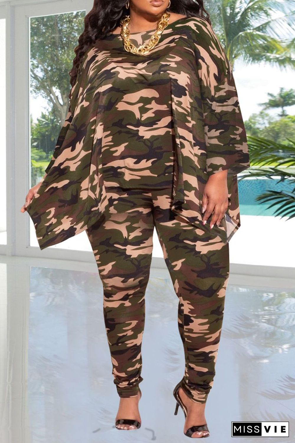 Casual Patchwork Tie-Dye V Neck Plus Size Two Pieces