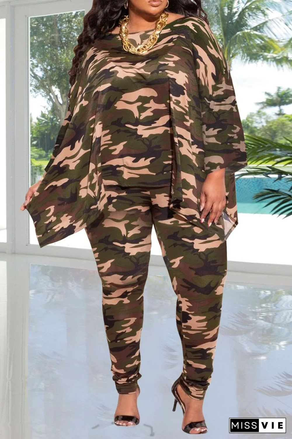 Casual Patchwork Tie-Dye V Neck Plus Size Two Pieces