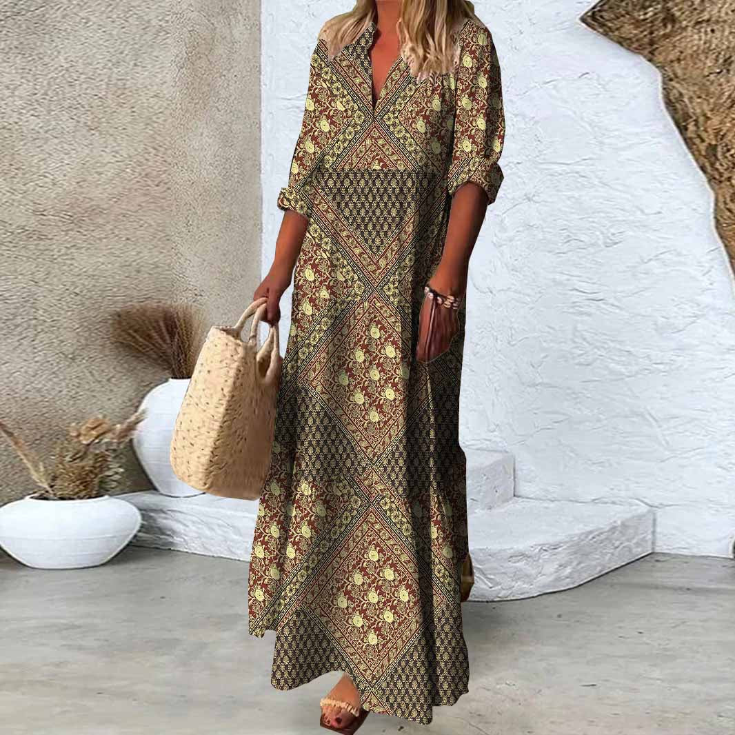 Women Bohemian, Brown, Gold DZDN0464 SPU Printed Long Sleeve V-neck Maxi Dress