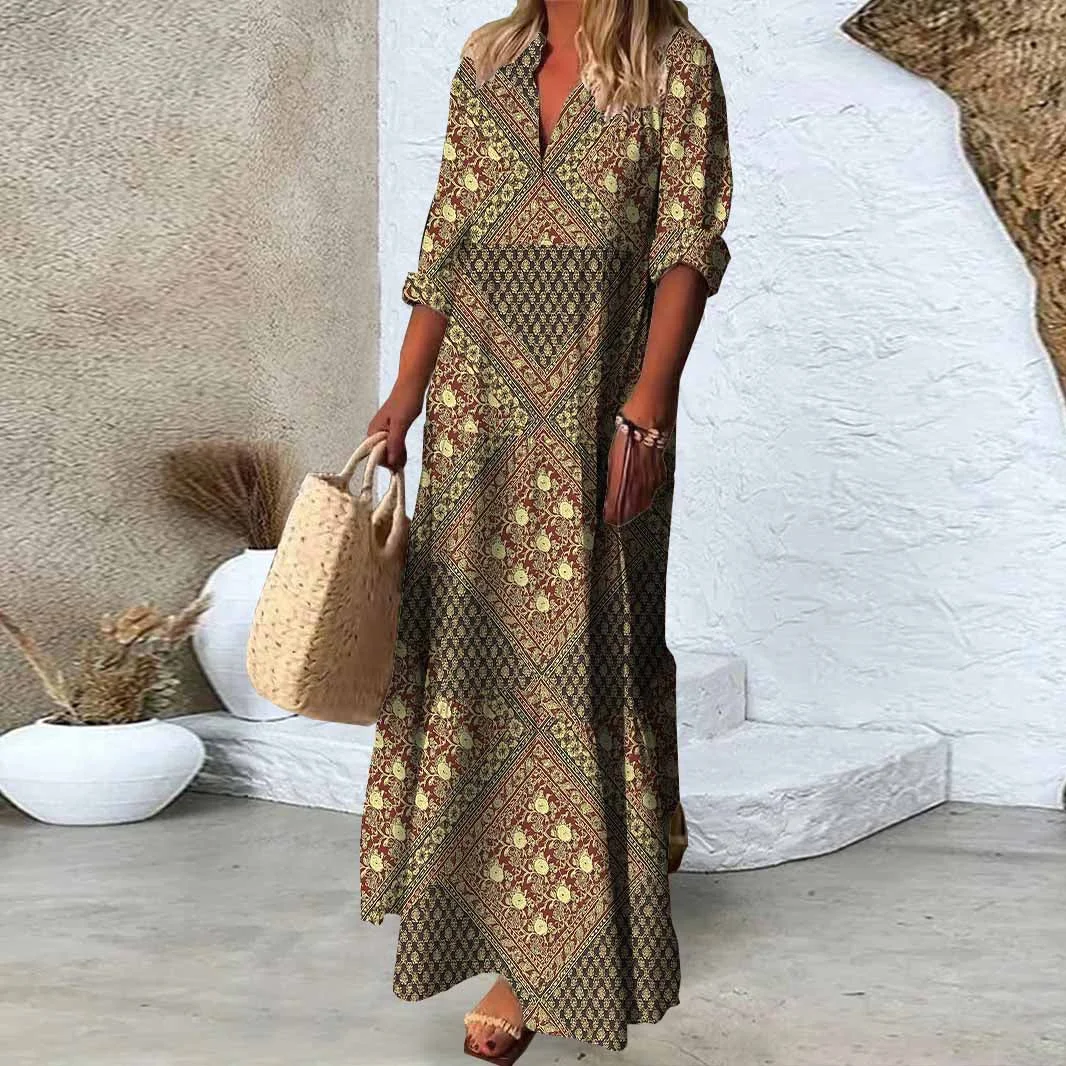Women Bohemian, Brown, Gold DZDN0464 SPU Printed Long Sleeve V-neck Maxi Dress