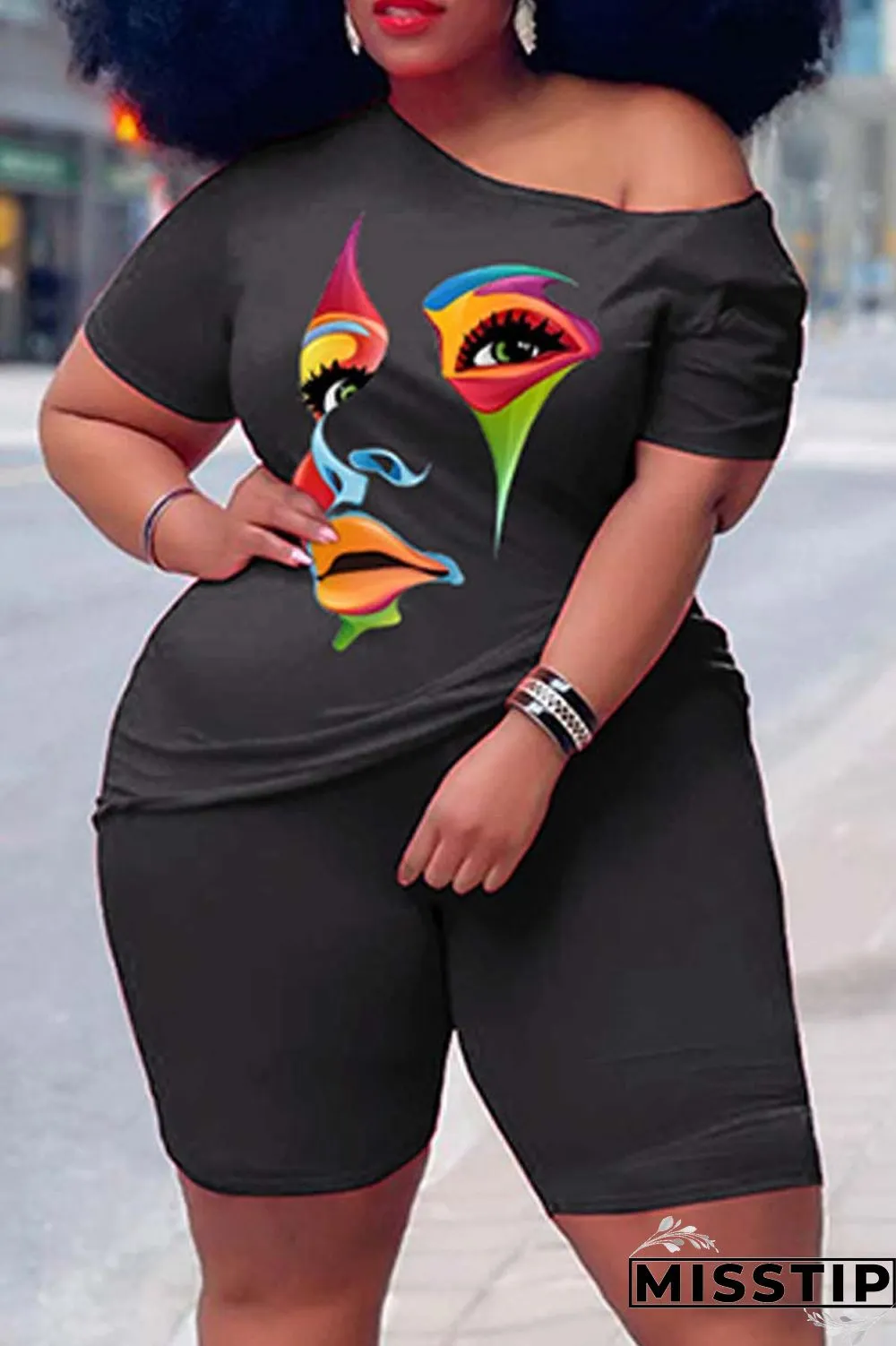 Orange Casual Print Basic Oblique Collar Plus Size Two Pieces