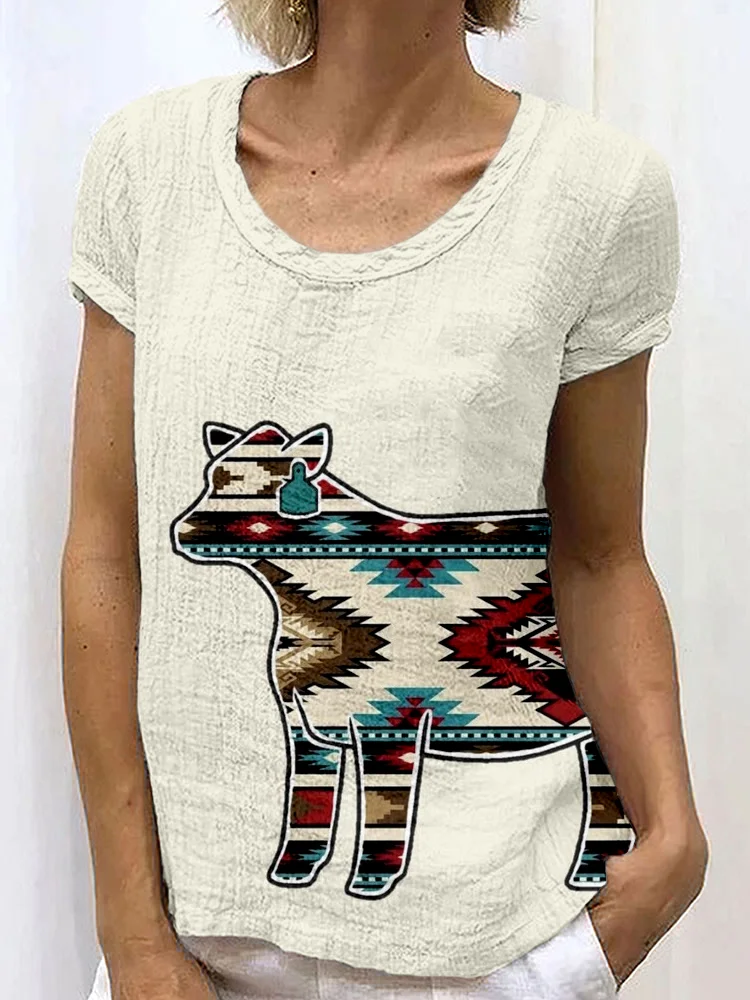 Western Heifer Pattern Linen Blend Cozy Shirt
