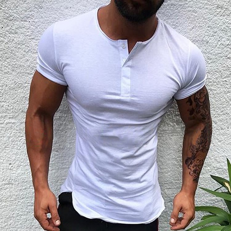BrosWear Solid Color Henley Short Sleeve Fitted Button T-shirt