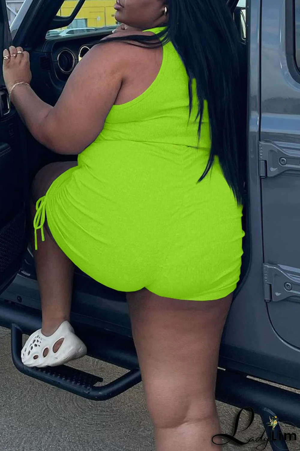 Fluorescent Green Casual Solid Split Joint O Neck Plus Size Two Pieces