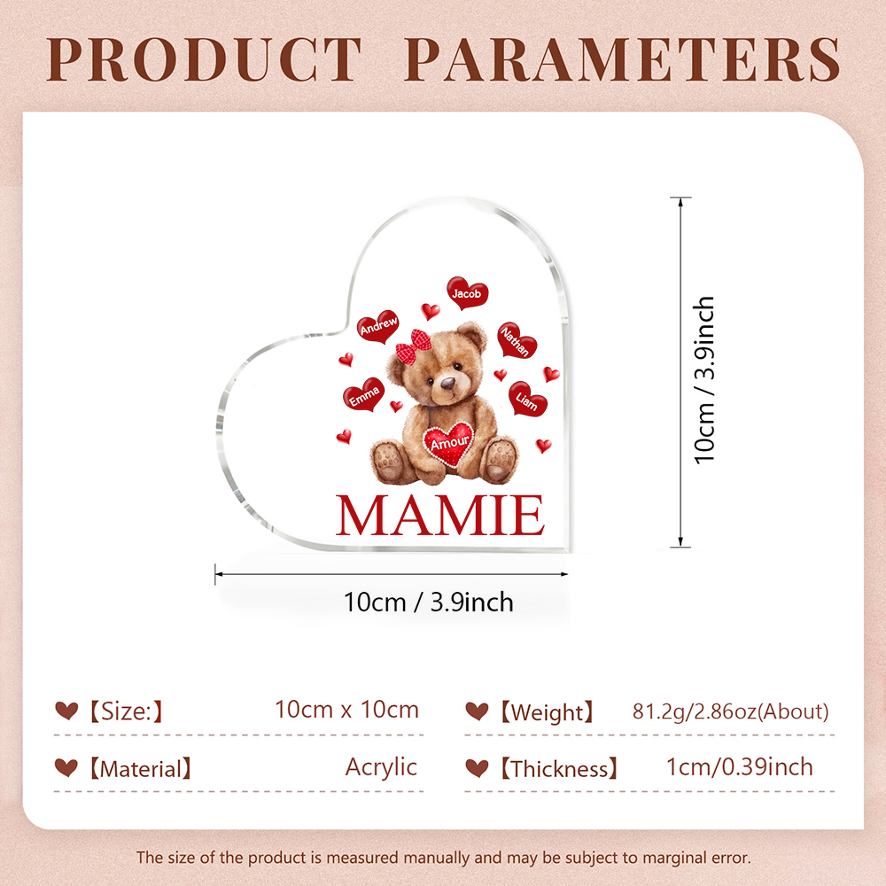 À ma Maman/Mamie - Plaque Acrylique Ours en Forme de Cœur 5 Prénoms Personnalisés avec 1 Texte
