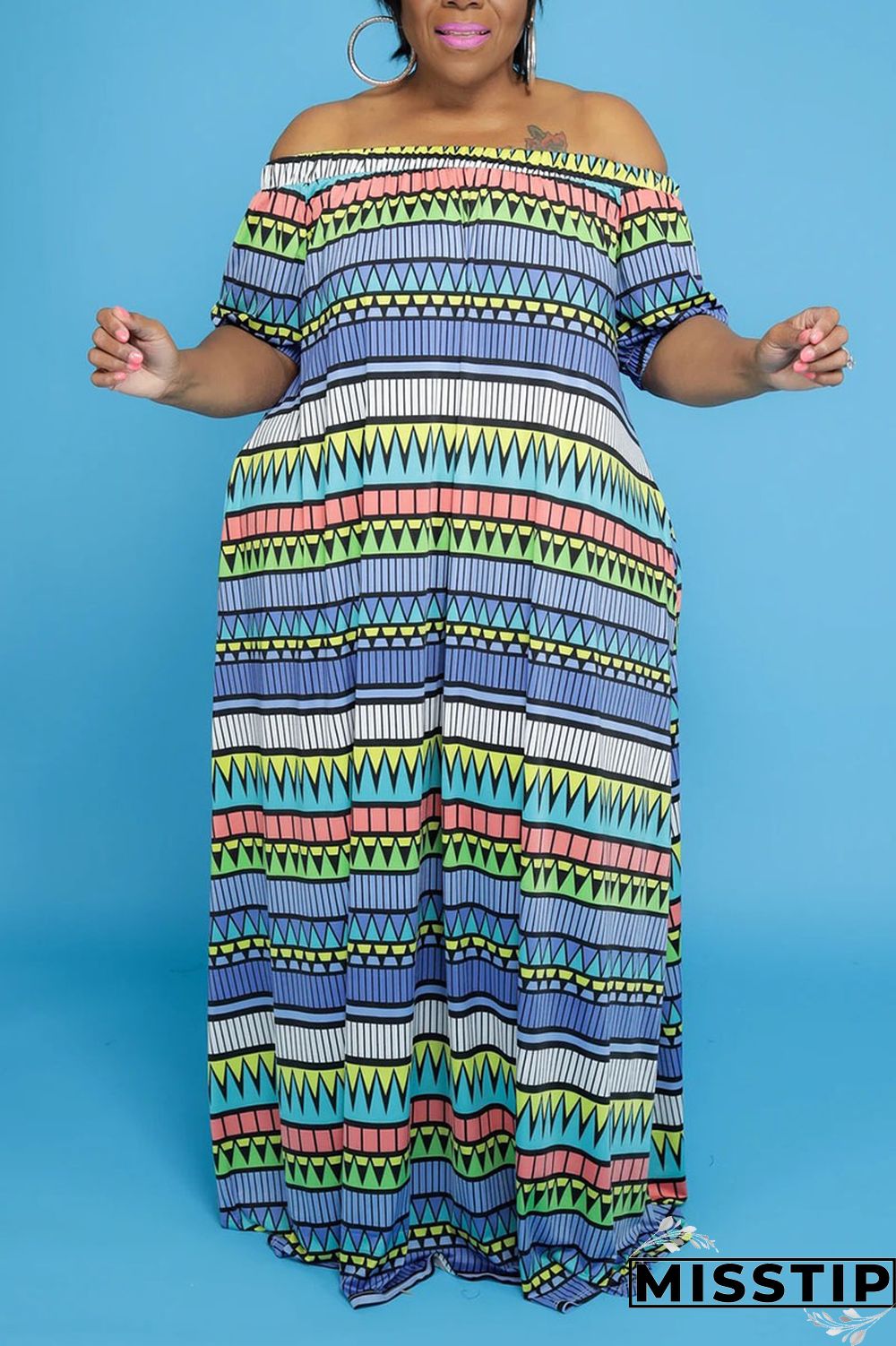 Blue Casual Print Patchwork Off the Shoulder Straight Plus Size Dresses