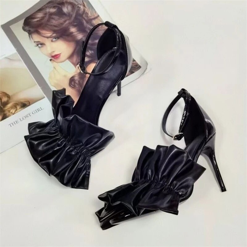 VCSHOES Sewing Pleated Ruffles Modern Sandals Women Ankle Strap 10cm Sharp Stiletto Heel Open Toe Cover Heels Shoes