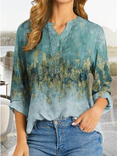 Women's Long Sleeve V-Neck Solid Floral Printed Tops