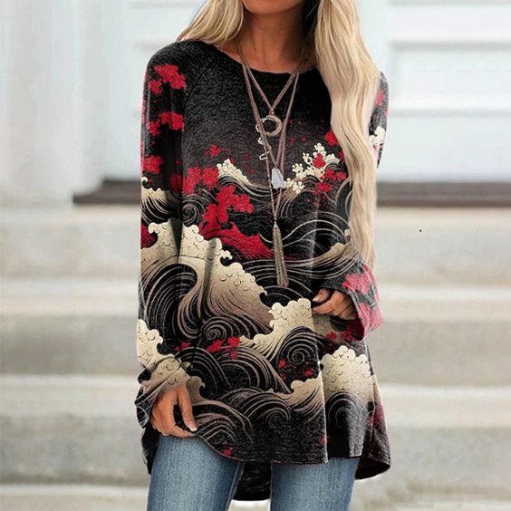 Japanese Wave Flower Art Print Casual Tunic artswardrobe