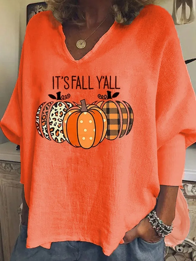 Solid Pumpkin Print Casual V-Neck T-Shirt