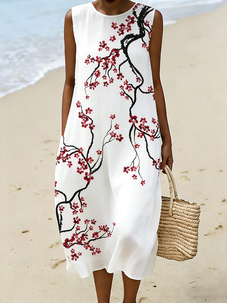 Women's Japanese Cherry Blossom Art Linen Round-neck Dress wearshes