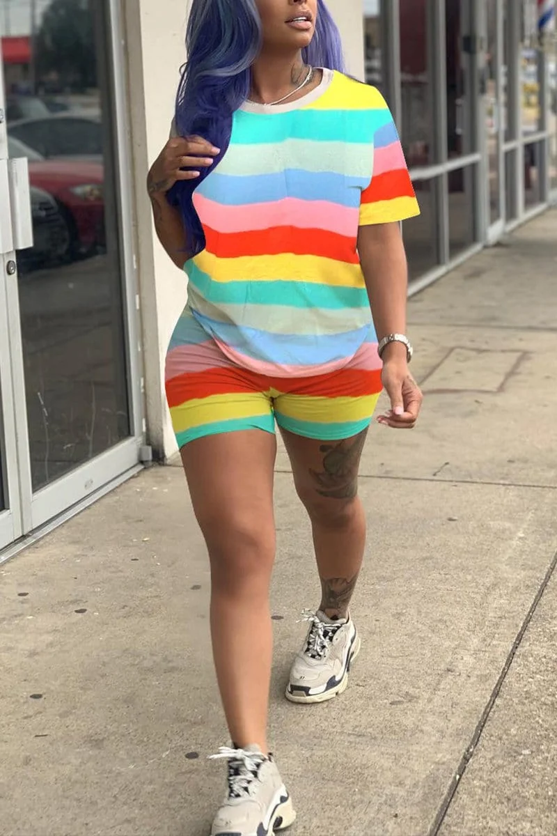 Casual Rainbow Printing Two-piece Suit