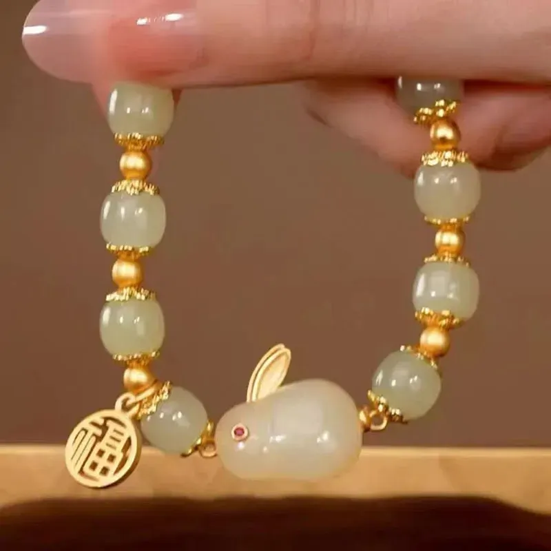Acacia bean jade rabbit bracelet female ins tide zodiac next year chalcedony rabbit bracelet