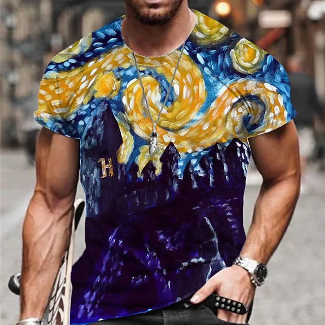 Men's Unisex T shirt Tee 3D Print Graphic Prints Oil Painting Crew Neck Street Daily Print Short Sleeve Tops Casual Designer Big and Tall Sports Blue