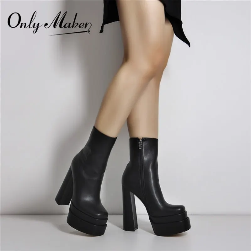 Onlymaker Women Concise Black Ankle Boots Matte Round Toe Zipper PlatformThick High Heels Fashion Party Dress Dance Booties