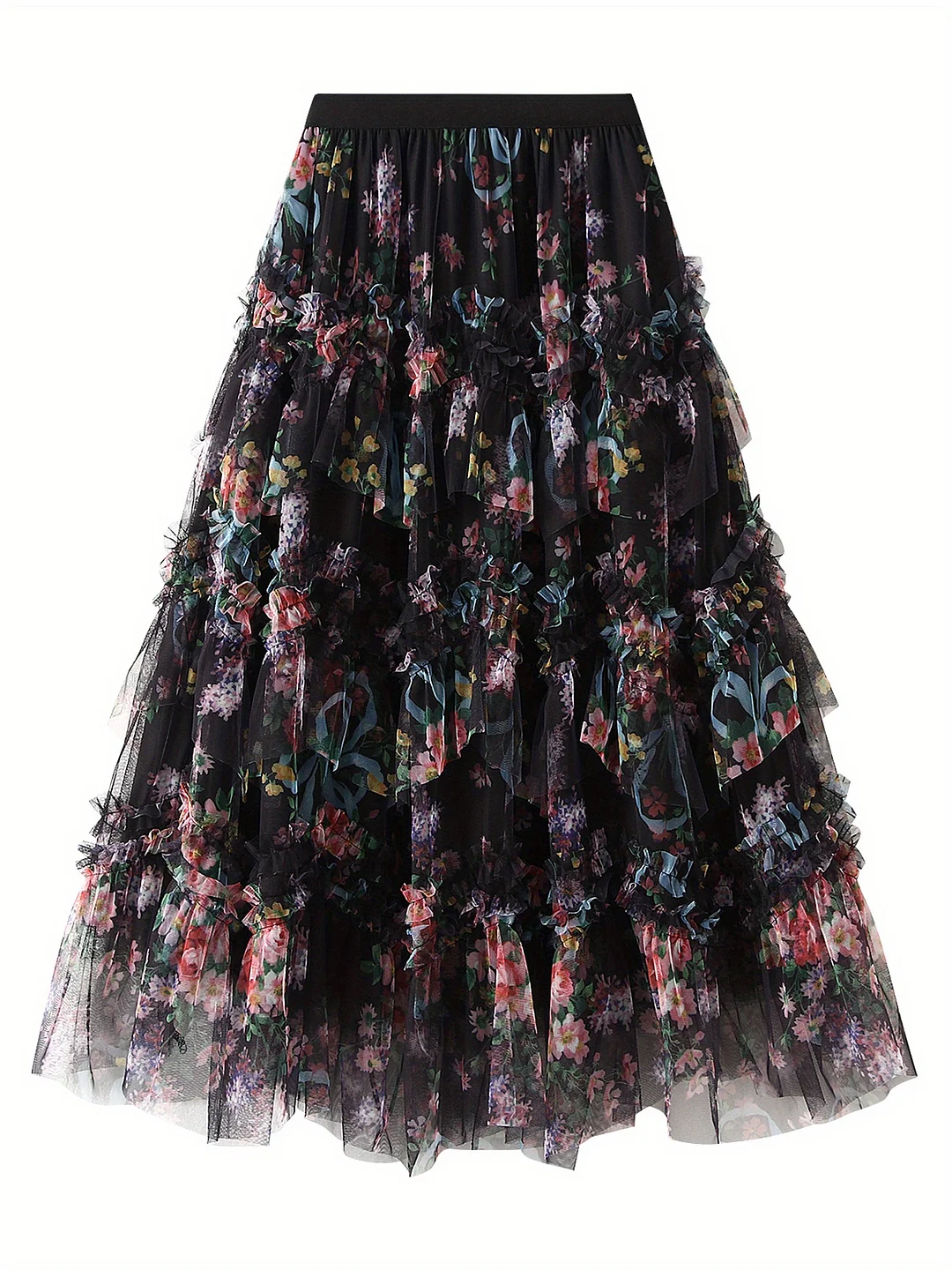 Women's Summer Floral Print A-Line Midi Skirt - Irregular Flowy Tiered Ruffled Layers, Black With Multicolor Flowers, Machine Washable Casual To Formal Skirt, Everyday Fashion, Lightweight Fabric | IFYHOME