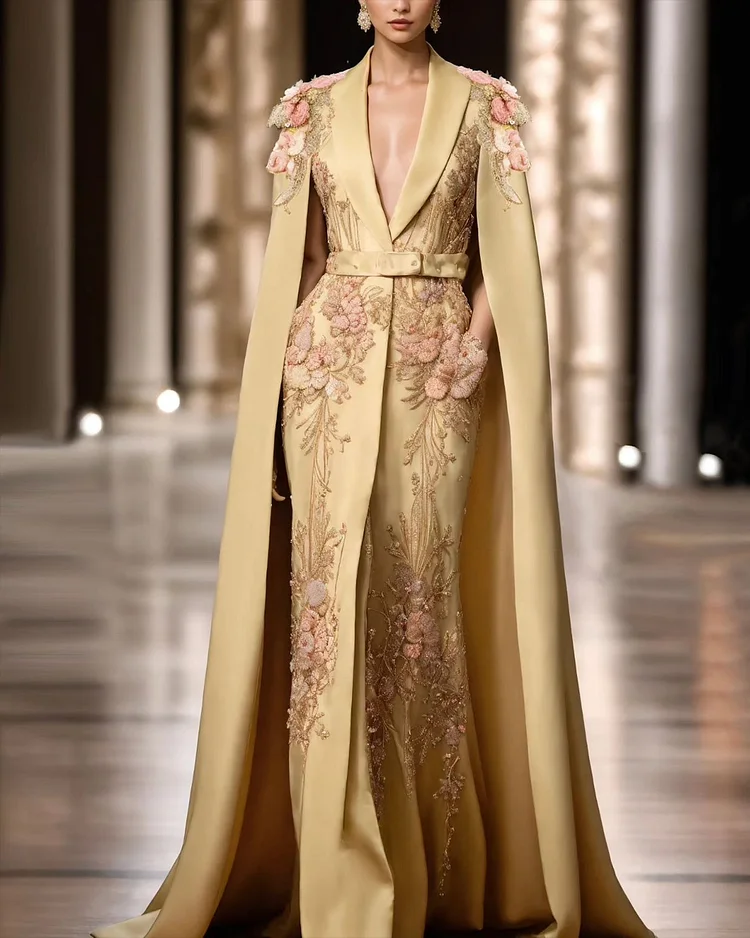 Women's V-neck shawl embroidery Dress