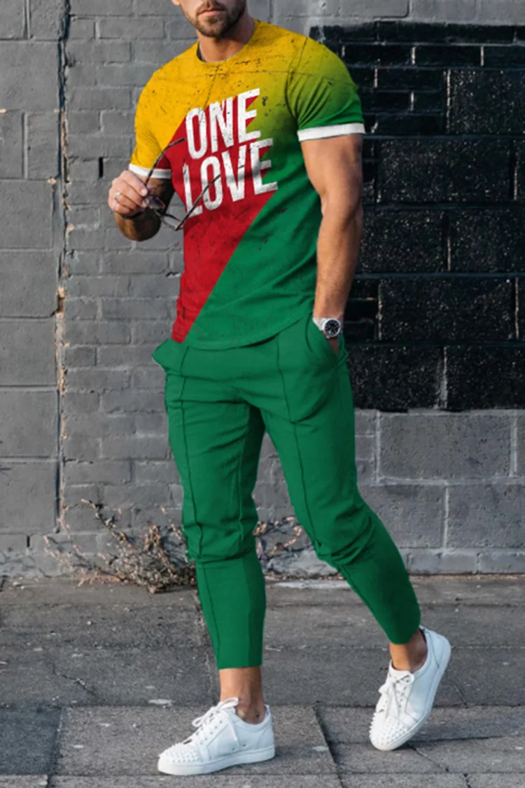 ONE LOVE Graphic Colorblock T-Shirt And Pants Two Piece Set