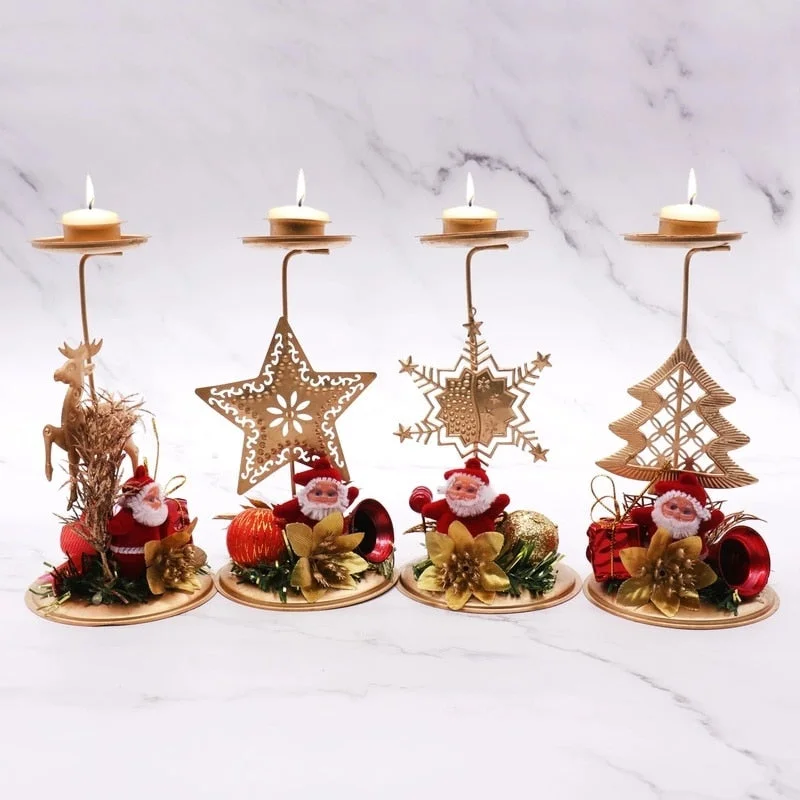 Santa Claus Snowflake Star Christmas Candlestick Iron Candle Ornament Gift Desktop Candle Holder For Xmas Table Decoration Gold