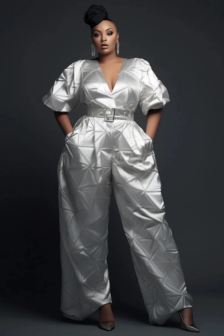 Xpluswear Design Plus Size Formal Silver V Neck Short Sleeve Pocket Elegant  Satin Jumpsuits
