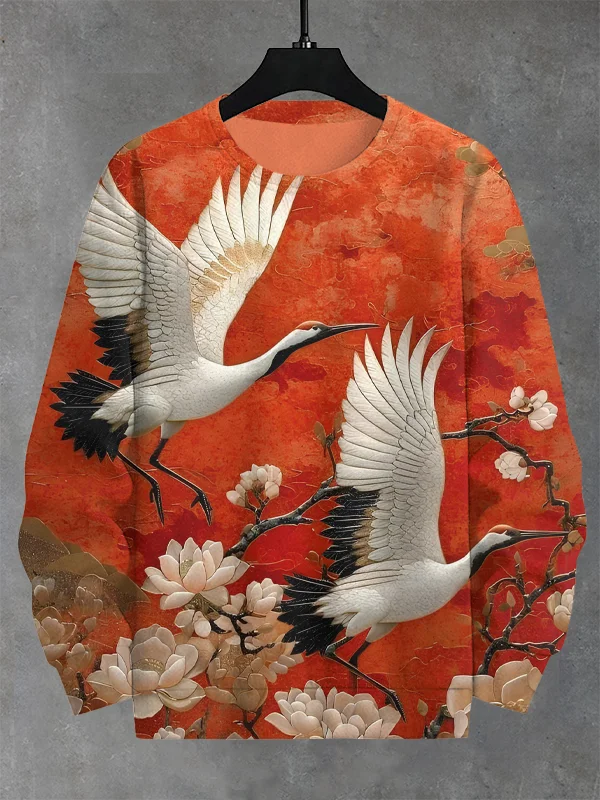 Men's Vintage Floral White Crane Art Print Casual Sweatshirt