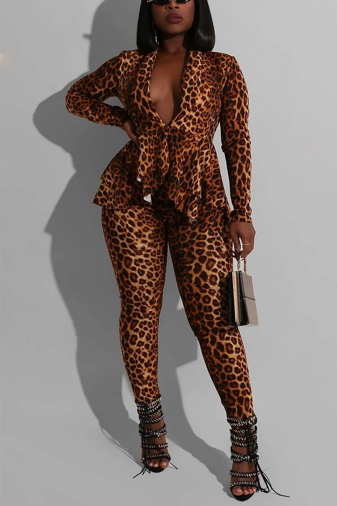 Leopard Printing Long Sleeve Pants Casual Set