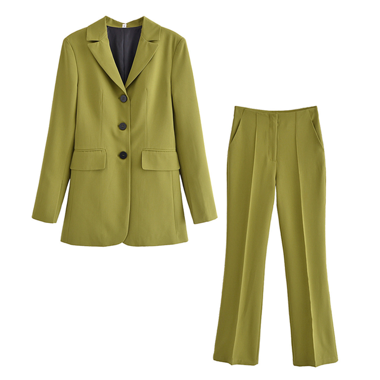 Flaxmaker Fruit Green Single Breasted  Blazer Two Piece Set