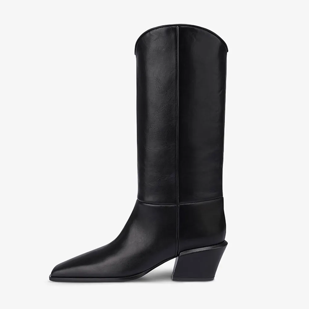 Women's Black Pointed Toe Block Heel Mid Calf Western Boots