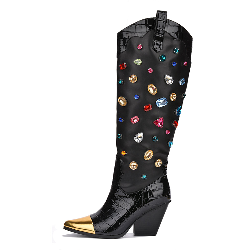 Black Pointed Toe Chunky Heel Knee Boots with Multicolor Crystal Decor