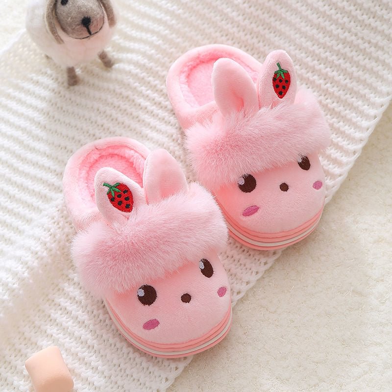 2021 New Korean Version Furry Slippers Children's  Rabbit Ear Rubber Winter Velvet Shoes Girls Cute Slippers