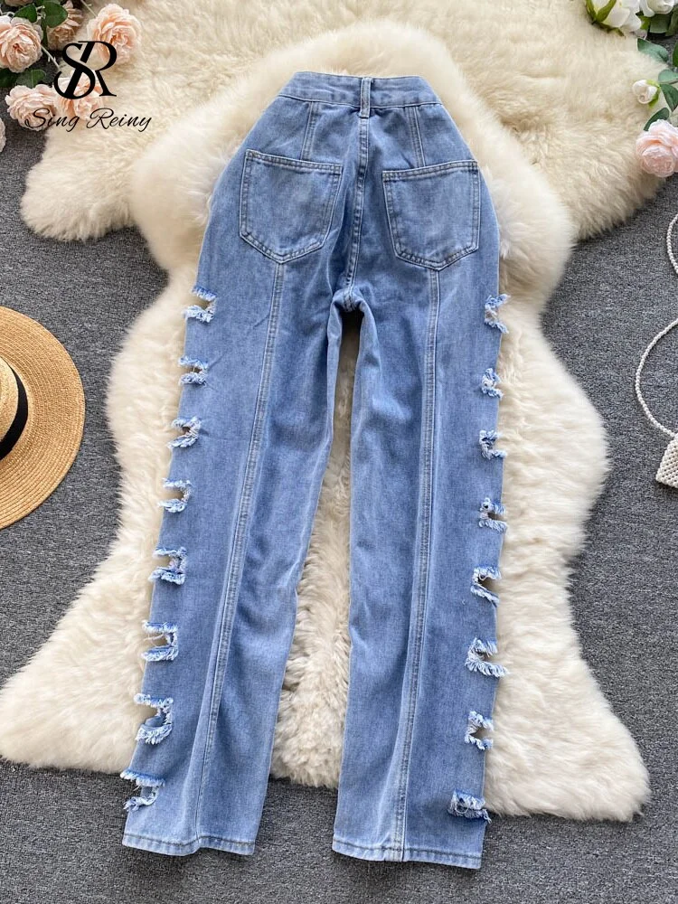 Toloer Streetwear Hollow Out Long Jeans Women Pockets Loose Wide Leg Pants Fashion Autumn Straight Blue Hole Denim Trousers