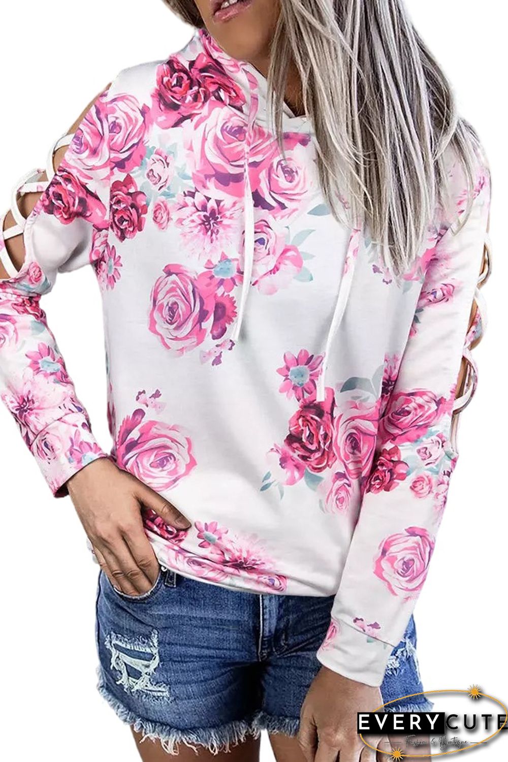 White Floral Print Criss-Cross Cold Shoulder Hoodie