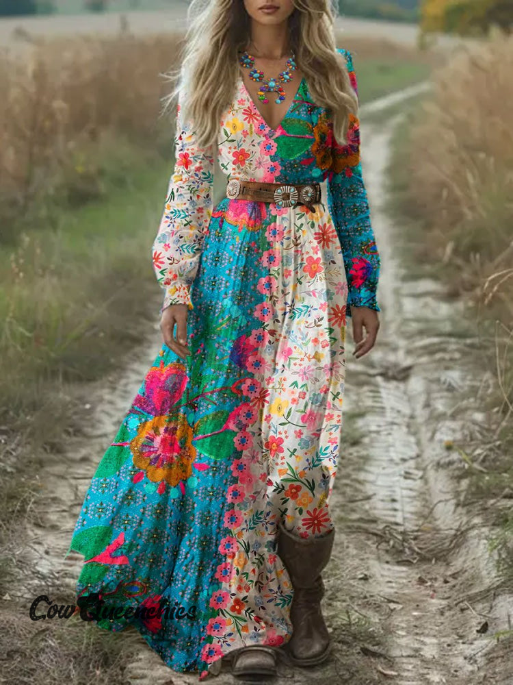 Women’s Vintage Flower Print Pocket Cotton Dress Multicolor / S