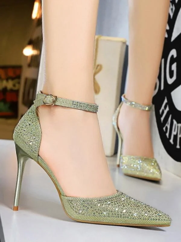 Shallow mouth pointed toe cutout stiletto sandals with rhinestones